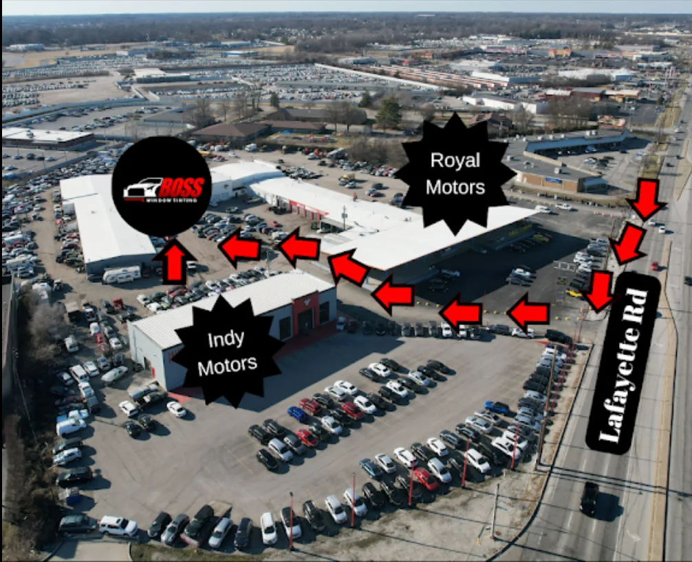 Aerial view showing how to find BOSS Window Tinting behind Royal Motors and Indy Motors
